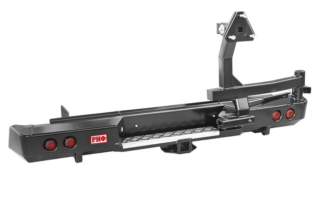 Бампер РИФ силовой задний Isuzu D-MAX (2012-2020) с квадр. под фаркоп, калиткой и фонарями стандарт