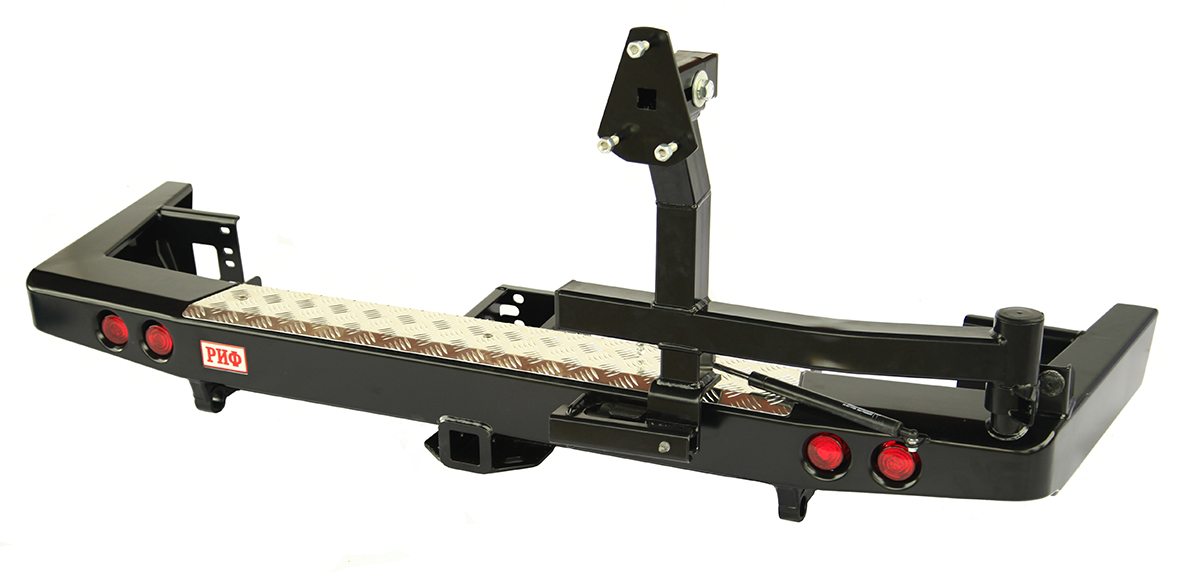 Бампер РИФ силовой задний УАЗ Патриот 2015+ с квадратом под фаркоп, калиткой и фонарями, стандарт