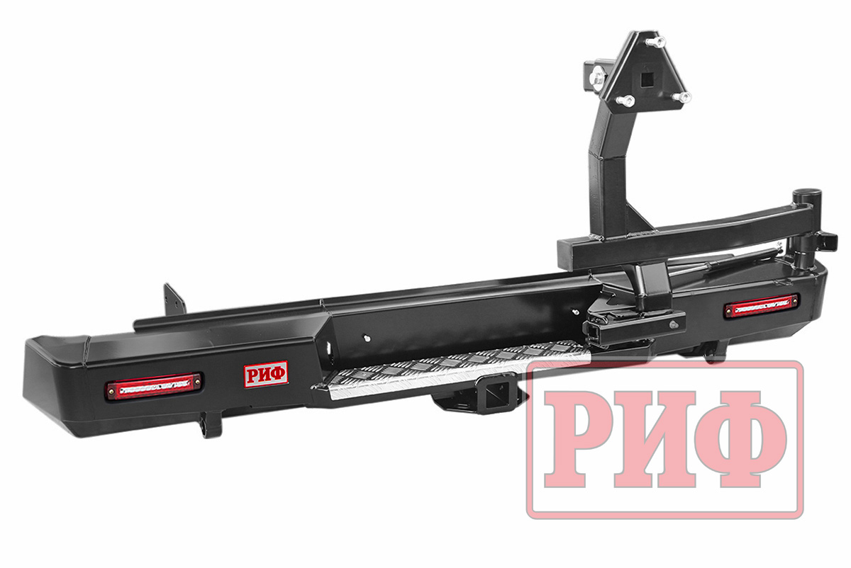 Бампер РИФ силовой задний Isuzu D-MAX (2012-2020) с квадратом под фаркоп, калиткой, фонарями, подсветкой номера стандарт