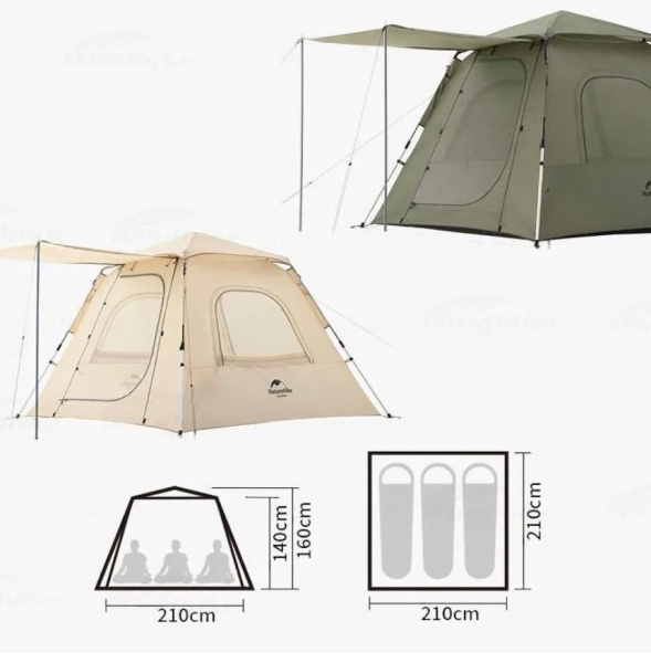 2.Палатка Naturehike Ango 3-местная, автоматическая, тент, снежная юбка, бежевая