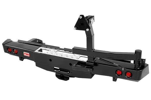 Бампер РИФ силовой задний Nissan Navara D40 05-14 с площадкой под лебёдку, квадратом под фаркоп, калиткой, фонарями, подсветкой номера