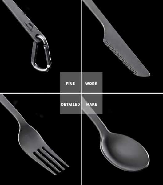 4 Набор столовых приборов Naturehike (нож, вилка, ложка), титан, в чехле