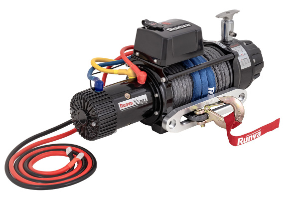 Лебёдка электрическая 12V Runva 9500 lbs 4350 кг влагозащищенная, синтетический трос, пневмороспуск
