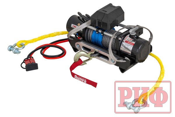 Лебёдка переносная РИФ 9000SR c квадратом для фаркопа и проводами в сборе, синтетический трос (облегченная)