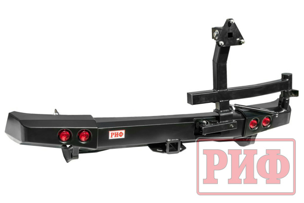 Бампер РИФ задний Mitsubishi Pajero Sport 2009-2015 с квадратом под фаркоп, калиткой и фонарями