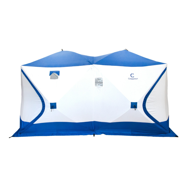 Палатка зимняя куб СЛЕДОПЫТ, 3,8х1,9 м, 2-комнатная, 3 слоя , синий/белый